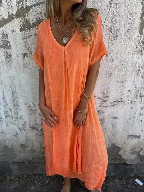 Fashionable cotton and linen V-neck semi formal dress