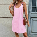 Striped summer round neck button back pocket casual dress