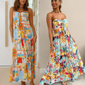 Spring and Summer New Strap Printed Dress INS Loose Vacation Casual Elastic Band Dress