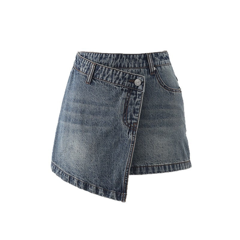 Spicy Girl Irregular Design Versatile Denim Skirt Women A-line Anti-peeking Short Skirt