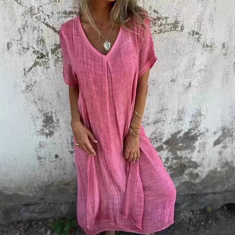 Fashionable cotton and linen V-neck semi formal dress