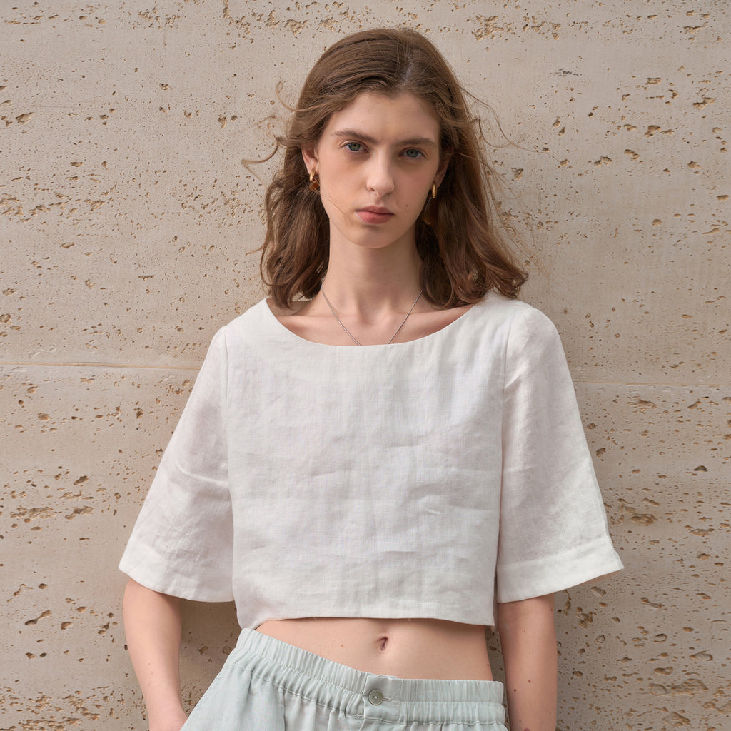 Elegant Pure Linen T-Shirt Women Loose Round Neck Mid-Sleeve Summer Crop Top French Commuting Short Style Short Sleeve Tee