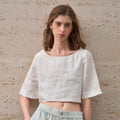 Elegant Pure Linen T-Shirt Women Loose Round Neck Mid-Sleeve Summer Crop Top French Commuting Short Style Short Sleeve Tee