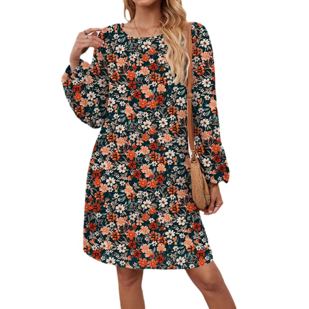 Style Printed Long Sleeve Round Neck Dress