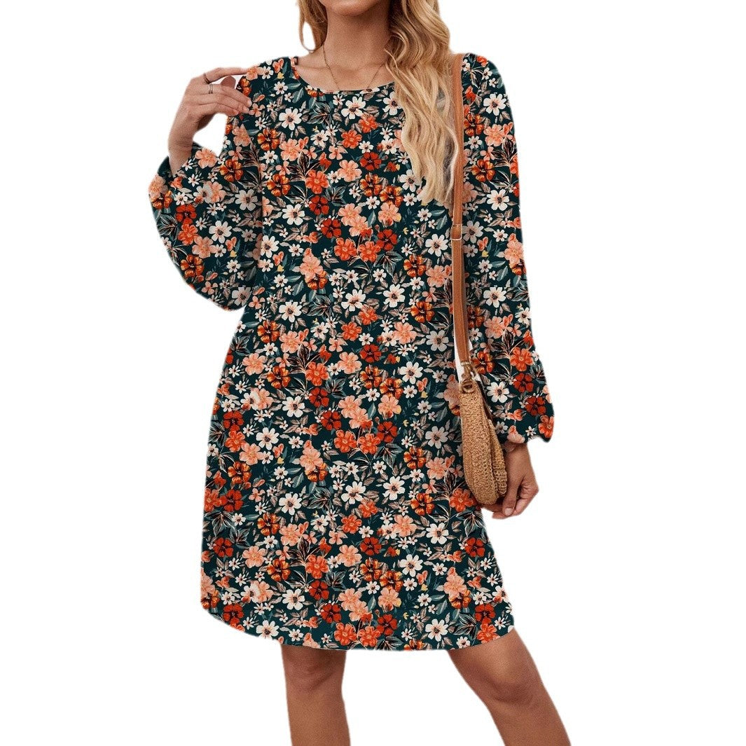Style Printed Long Sleeve Round Neck Dress