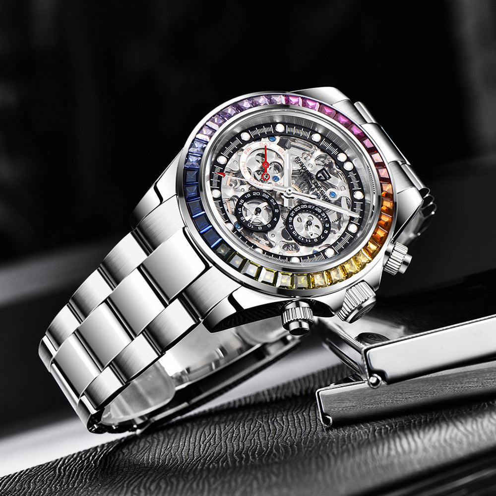 Paganidesign Men's Multifunction Automatic Mechanical Watch with Open Movement and Stainless Steel Case 1653