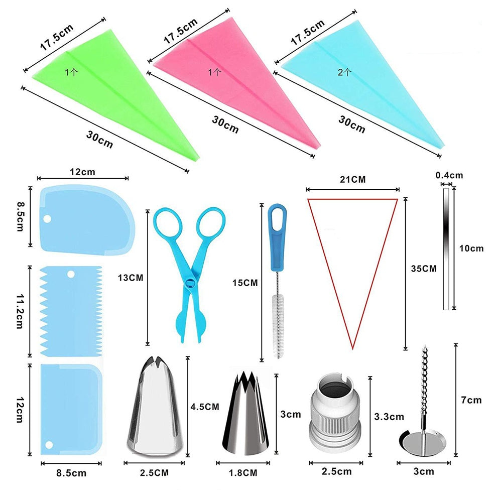 Conjunto de 72 peças numeradas de bicos de pasteleiro, incluindo saco de pasteleiro e utensílios para decoração de bolos e doces.