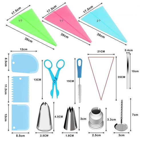 Conjunto de 72 peças numeradas de bicos de pasteleiro, incluindo saco de pasteleiro e utensílios para decoração de bolos e doces.